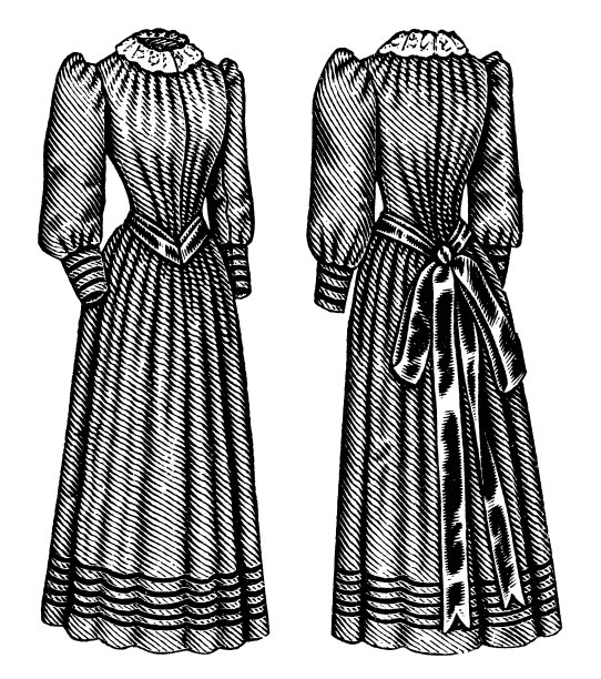 19世纪90年代维多利亚时代的时尚，女士晚宴礼服与褶皱的巴斯克紧身胸衣和丝带(正面和背面)- 19世纪图片下载