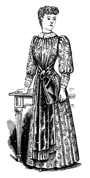 19世纪90年代维多利亚时代的时尚，19世纪的女士绉纹佩斯利花边日装图片下载