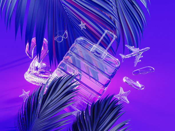 荧光夏季旅游背景。行李和旅行配件的玻璃在充满活力的紫色背景与棕榈叶装饰。图片下载