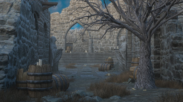 一座古老的中世纪建筑，木桶上放着蜡烛，还有两座石像。3D渲染插图。图片下载