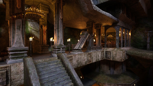 通往餐厅的楼梯和走廊，在一个幻想的中世纪洞穴中，一个矮人国王的家。3 d渲染。图片下载