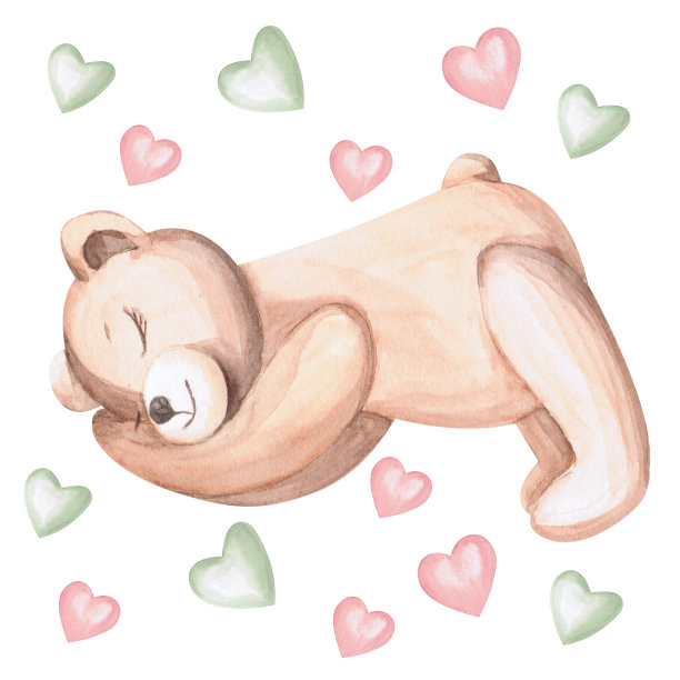 睡觉可爱的小熊在水彩插图上的白色背景。手绘泰迪熊插图儿童的房间，衣服，新生儿，婴儿淋浴或儿童海报。图片下载