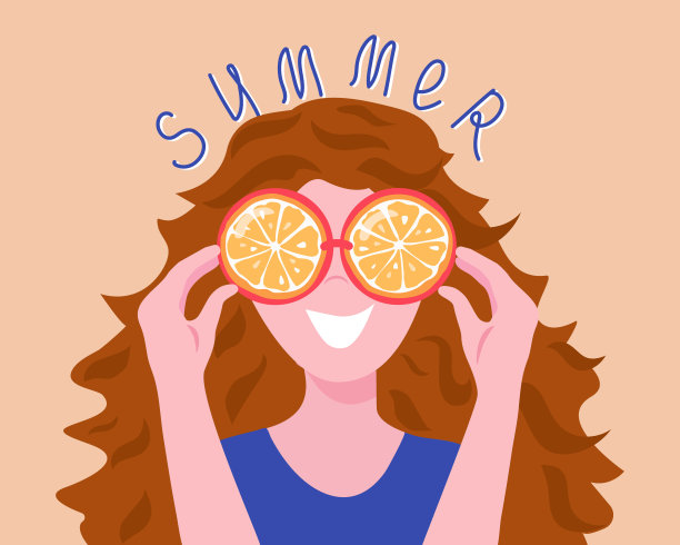 戴墨镜的女孩。手写的夏天。水果，橘子片。鲜艳的衣服，长长的头发。这个女人很高兴。矢量插图。孤立的背景。图片下载