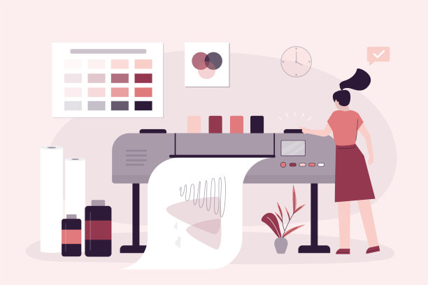 拿着绘图仪的女工。巨型胶印机印刷精美的图片，打印服务，复印中心。印刷的房子。商业数码文件制作。图片下载