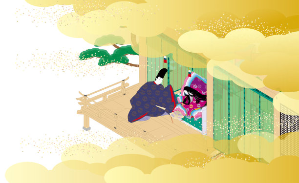 日本古典住宅的图片说明，穿着长袍的女人和穿着直袍的男人见面图片下载