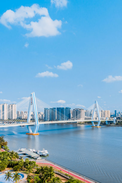 中国海南岛海口市海淀河世纪大桥的高角度景观图片下载