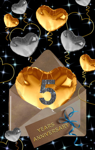 3d插图，5周年纪念。节日背景上的金色数字。周年庆典、派对的海报或卡片图片下载