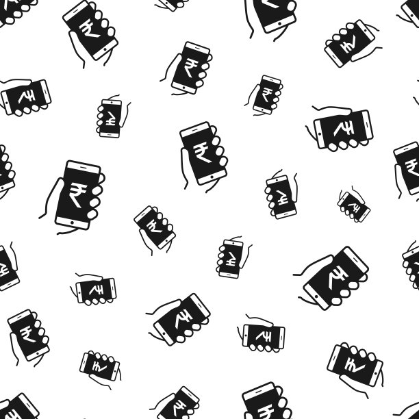 有印度卢比标志的智能手机。无缝模式。白色背景的图标图片下载