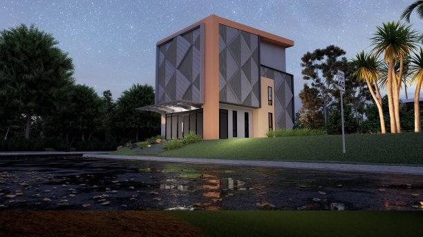 商业建筑，立面风格3D家居模型，三层住宅，内饰湖泊，外饰花园，现代风格。图片下载