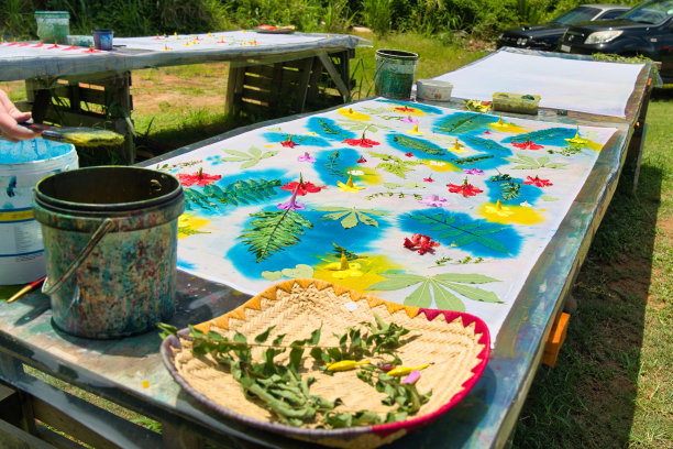 在她制作帕雷奥的工作室里，用布油墨在树叶和花朵上作画，马埃塞舌尔图片下载