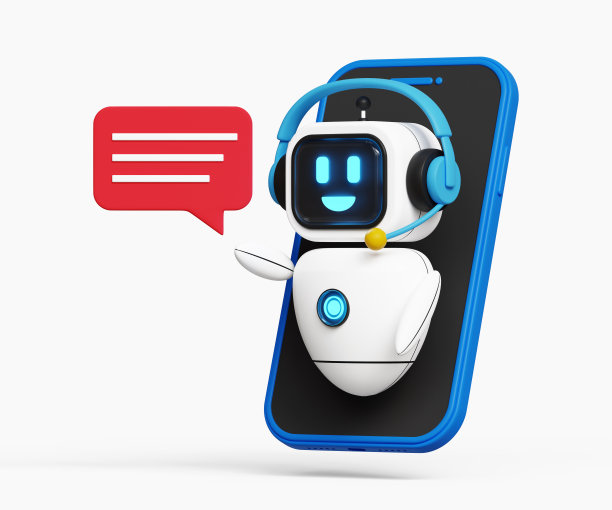 具有AI概念的3D聊天。数字聊天机器人。智能ai聊天机器人。机器人对话。有智能手机和语音泡泡的机器人。三维演示图片下载