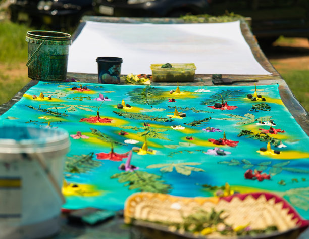 完成后的帕雷奥太阳印花织物在阳光下晒干，马埃塞舌尔图片下载