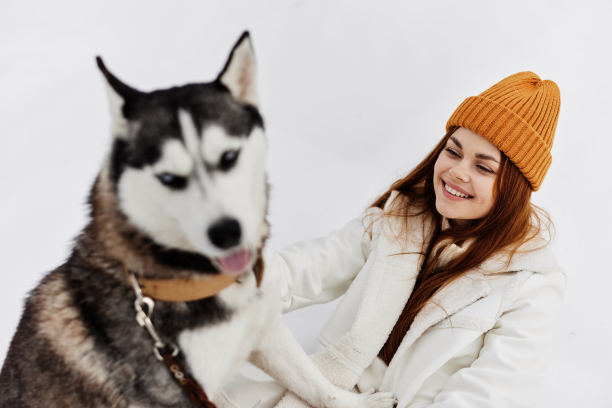 冬日里，一个女人在野外遛狗的照片图片下载