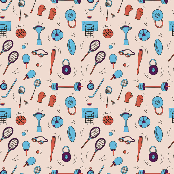 无缝矢量背景与运动器材。手绘重复图案与棒球，球拍，羽毛球，足球，体操，网球，足球，不同类型的卡通插图图片下载