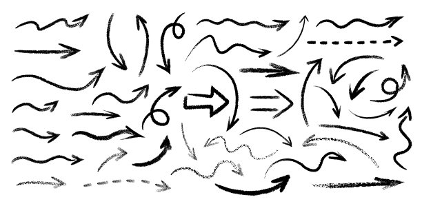 一套黑色手绘垃圾涂鸦螺旋和弯曲的木炭，粉笔箭头在白色背景图片下载