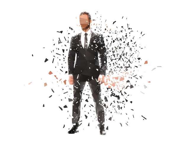 商人站立，孤立的低多边形矢量插图与粉碎效果，正面视图图片下载