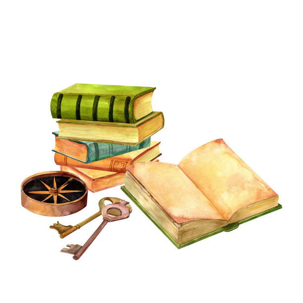 一盏带有绿色灯罩的台灯、古书、指南针和旧键组成的水彩套装。写作集水彩插图印刷贴纸，复古传单和明信片。、剪贴簿图片下载