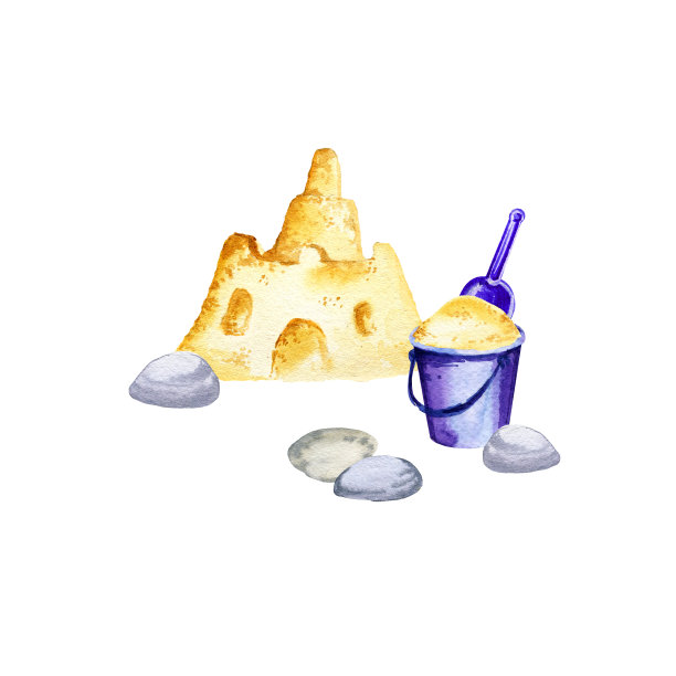 水彩沙堡，蓝色婴儿沙桶，簸箕和几个石头，夏季插图度假主题，海滩儿童玩具和游戏，白色背景休息博客和卡片图片下载