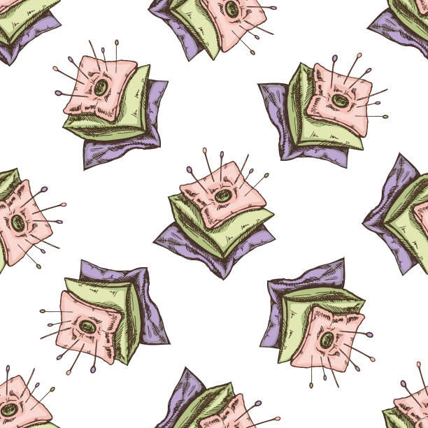 无缝图案的手绘彩色针垫与针和针。手工制作，缝制设备概念复古涂鸦风格。雕刻风格。图片下载