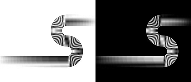 抽象的背景，像字母s一样的线条。黑色的线条在白色的背景上，白色的线条在黑色的一面。图片下载