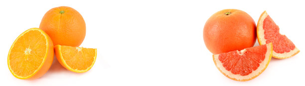 成熟多汁的橙子和葡萄柚在白色上分离。有文字的空闲空间。拼贴画。宽的照片。图片下载