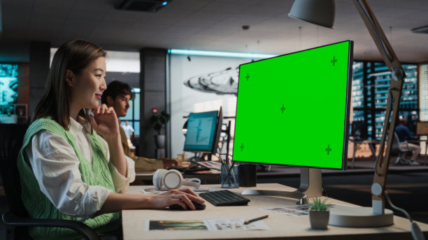 亚洲女性游戏程序员在游戏设计工作室办公室用绿屏Chromakey在台式电脑上编程。时尚女人为新的沉浸式3D RPG视频游戏做游戏设计图片下载