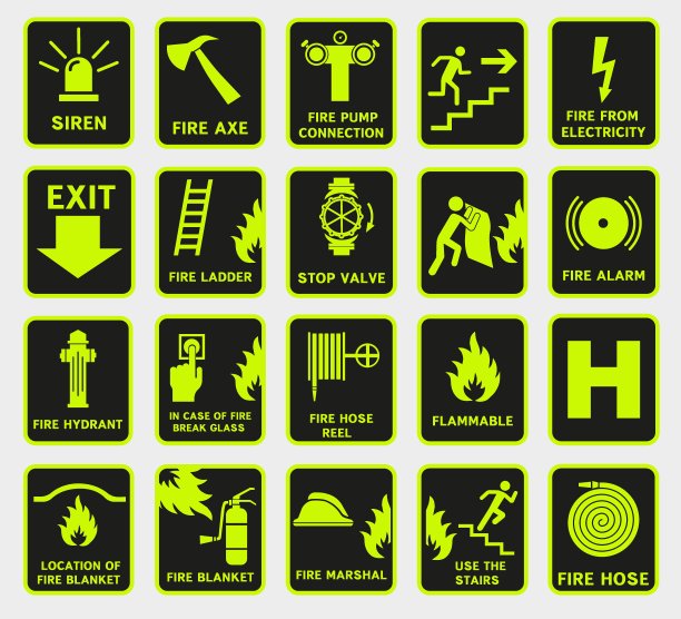 火灾报警标志。一组矢量火灾符号，紧急出口标志。火的迹象。图片下载