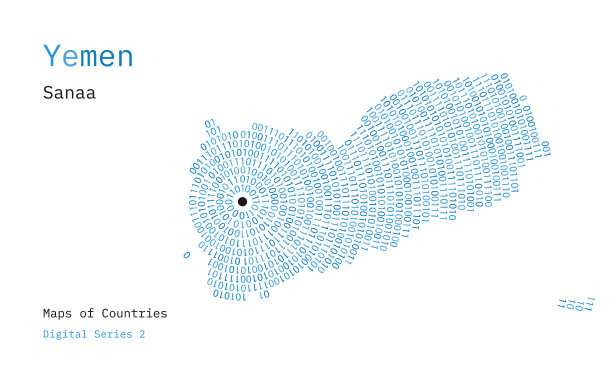 也门的一幅地图，用0和1以圆圈的形式描绘。首都萨那位于圆圈的中心图片下载