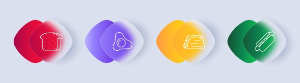 食物集图标。鸡蛋，煎蛋卷，煎蛋，沙瓦玛，皮塔饼，面包，切，热狗，快餐，垃圾食品，梯度，蛋黄，蛋白，美味佳肴，不寻常的食物。Glassmorphism风格。图片下载