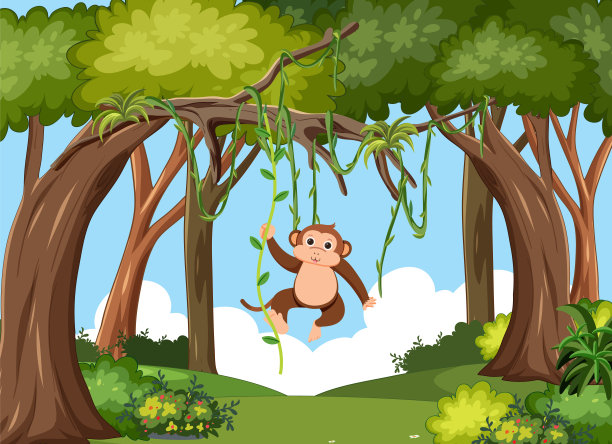 在茂密的森林里，一只卡通猴子在藤蔓上荡秋千。图片下载