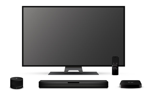 逼真的电视屏幕，条形音箱，电视机顶盒和智能扬声器图片下载