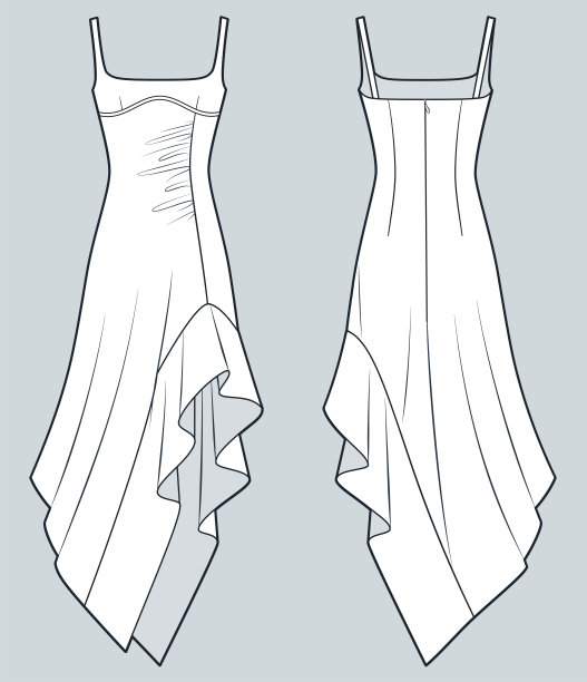 不对称及地长裙技术时尚插画。褶皱连衣裙时尚平面技术图纸模板，方领口，褶皱，后拉链，前后视图，白色，女装CAD样板。图片下载