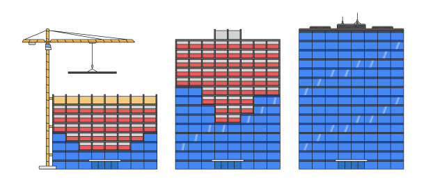 玻璃现代写字楼摩天楼吊车施工阶段设置卡通风格向量平面插图图片下载