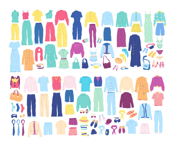 卡通颜色不同的衣服和配件图标集。向量图片下载