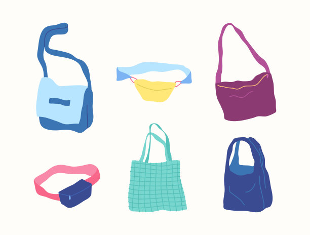 卡通色彩不同类型的衣服女包套装。向量图片下载