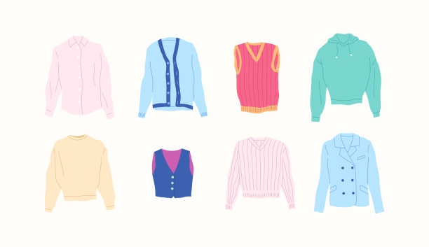 卡通色彩不同类型的衣服男士上衣套装。向量图片下载