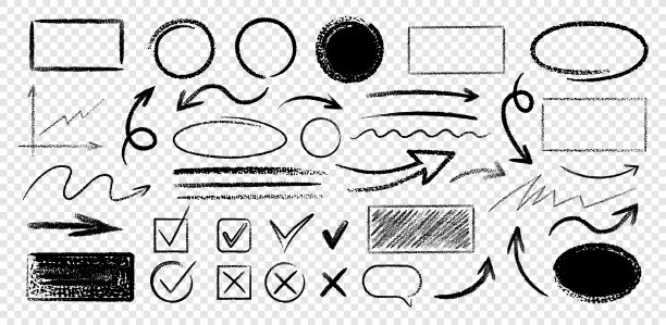 套黑色手绘垃圾涂鸦螺旋木炭，粉笔箭头，邮票，抽象的形状图片下载