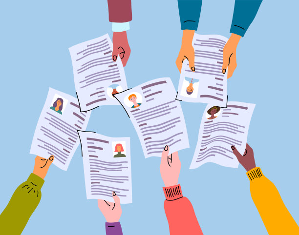 卡通色彩人手捧简历简介招聘流程概念。向量图片下载