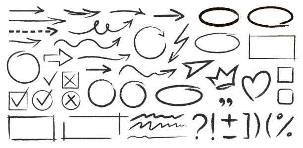 一套黑色手绘垃圾涂鸦螺旋和弯曲的木炭，粉笔箭头，圆圈，框架，抽象的形状图片下载