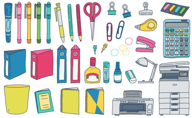 办公用品文具手绘插画集图片下载