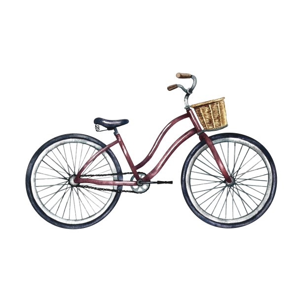 带柳条篮子的老式自行车。手绘水彩复古插画，健康生活方式的象征，生态交通的象征。用于横幅，传单，海报。徽章，贴纸图片下载