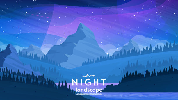 夜晚的北极光景观。布满彗星的星空。有湖的山丘。设计背景，壁纸。图片下载