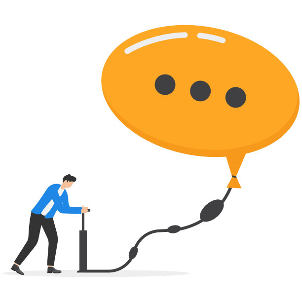 商人给一个泡泡标志的气球充气。在同事、经理和团队之间进行良好的沟通。平面矢量插图。图片下载