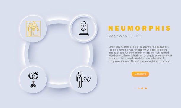 离婚组图标。分割照片，打破，结婚戒指，剪，剪，分手，分开，新娘，婚纱和西装，蝴蝶领带。离别，是结束一段关系的概念。Neumorphis风格。图片下载