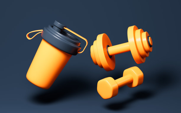 卡通哑铃和运动杯，运动健身概念，3d渲染。图片下载