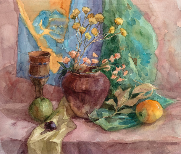 有茶壶和水果的静物画。水彩画。图片下载