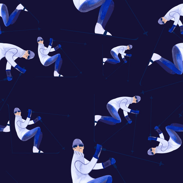 与滑雪者水彩无缝模式。冬天的纺织品。运动服装。滑雪胜地纪念品的包装纸。暗的背景图片下载