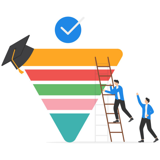 快乐的男生和他的朋友用梯子到达教育的顶端成倒三角。教育水平概念。图片下载