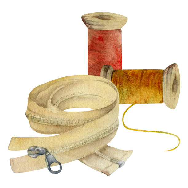 手绘水彩插画缝纫工艺用品。木线线轴、线轴、衣服拉链。在白色背景上孤立的构图。设计工作室，裁缝，爱好店，时尚精品店图片下载