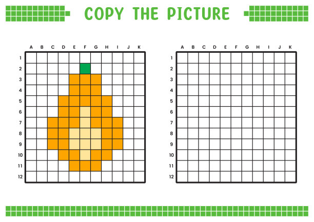 复制图片，完成网格图像。用正方形绘制的教育工作表，着色单元格区域。幼儿学前活动。卡通矢量，像素艺术。木瓜水果插图。图片下载